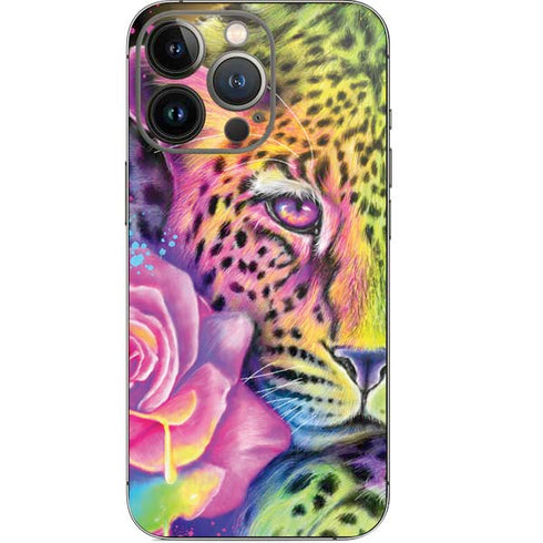 Neon Rainbow Cheetah with Rose by Sheena Pike iPhone 14 Pro Skin